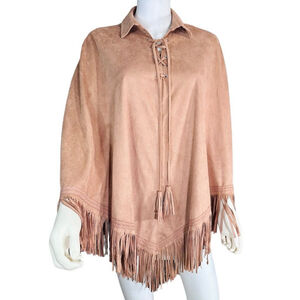 OneTheLand Beige Suede Fringed Poncho Cape Size Large